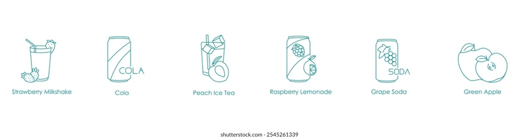 Strawberry Milkshake, Cola, Peach Ice Tea, Raspberry Lemonade, Grape Soda, Green Apple Vape Icon Set Illustration