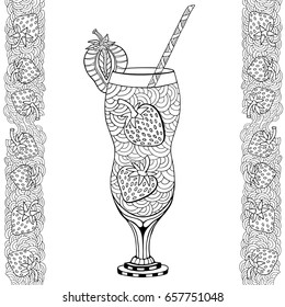 Strawberry milkshake. Doodle and zentangle style. Hand drawn coloring. Vector illustration.