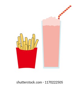 Strawberry milkshake with French fries. Milkshake with foam and straw. Milk cocktail. French fries in the red box. 