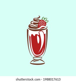 Strawberry milkshake, fruit ice cream, tasty Sundae. Summer drink, sweet cocktail. Vector illustration.