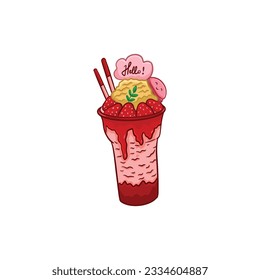 Strawberry milkshake in a glass with ice cream. Vector illustration