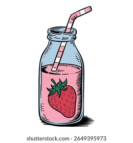 Milkshake de morango em um frasco de vidro com uma ilustração de palha