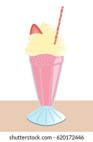 Strawberry milkshake in a glass with a strawberry and a straw