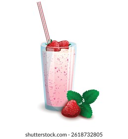 Strawberry Milkshake in a Glass with Straw and Fresh Strawberries