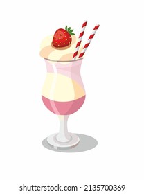strawberry milkshake in a glass glass with two tubes on a white background vector