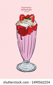Strawberry milkshake, hand draw sketch vector.