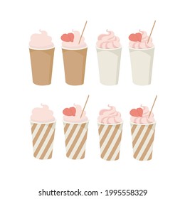 Strawberry milkshake. Ice cream, cocktail. Whipped foam. Strawberry topping. Paper cup. Outline vector illustration on a white background.
