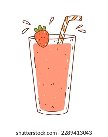 Strawberry milkshake isolated on white background. Vector hand-drawn illustration in doodle style. Perfect for decoration, logo, menu, recipes, various designs.