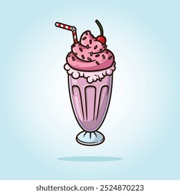 Milkshake de morango com chantilly rosa, polvilhos coloridos e cobertura de cereja. Ilustração de desenho animado de vetor de bebida