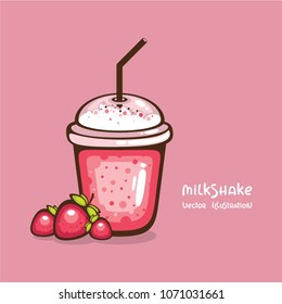 Strawberry milkshake in plastic cup vector illustration. Sweet yummy drink with berries. Illustration for menu and logo, bar and cafe decoration.