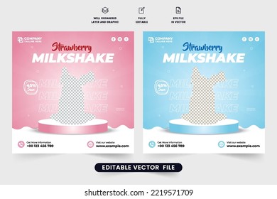 Strawberry milkshake social media post vector with pink and blue backgrounds. Cafe and juice bar promotion template design for marketing. Beverage advertisement poster vector with podiums.