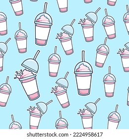 strawberry milkshake in takeaway plastic cup seamless pattern background