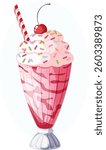 Strawberry Milkshake in a Tall Glassd with Whipped Cream, colorful Sprinkles and Cherry Toppings. Fruity Dessert Drink with Striped Straw 