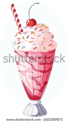 Strawberry Milkshake in a Tall Glassd with Whipped Cream, colorful Sprinkles and Cherry Toppings. Fruity Dessert Drink with Striped Straw 