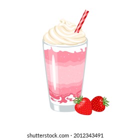 Strawberry milkshake. Vector cartoon illustration of berry cocktail with whipped cream in glass cup. Summer drink flat icon.