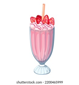 Strawberry milkshake vector illustration. Cartoon isolated cold milk smoothie drink with juicy berry slices, pink sauce decor on whipped fresh cocktail and plastic straw for drinking summer dessert