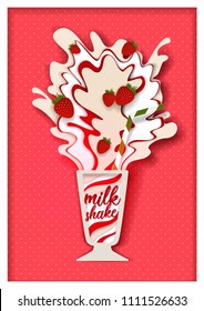 Strawberry milkshake. Vector paper cut glass of whipped iced dairy drink with fresh strawberry, milk splashes design template for recipe, menu, banner, flyer, poster etc.