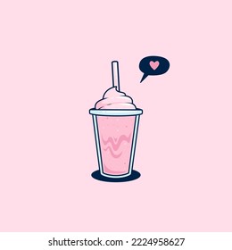 strawberry milkshake with whip cream ice cream topping in takeaway plastic cup isolated illustration vector