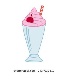 Strawberry milkshake with whipped cream and cherry on top in a retro milk bar dessert glass as a vector illustration