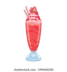 Strawberry milkshake with whipped cream and pink icing vector. Glass of strawberry smoothie icon isolated on a white background. Fresh summer drink clip art