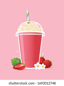 Strawberry milkshake with whipped cream in take a way cup and strawberries.