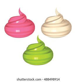 Strawberry Milky and Pistachio Whipped Cream isolated on White Background. White Pink and Green Surfaces of Cream. Low Poly Vector Illustration. Design for Banner Poster Flyer Postcard Cover Brochure.