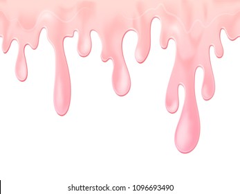 Strawberry milky yogurt splashes liquid melting ice cream on white vector background. Fluid pink strawberry ice cream or creamy berry yogurt tasty sauce, delicious sweet dessert illustration.