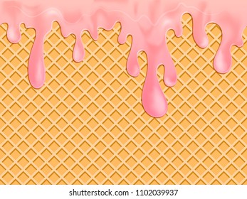 Strawberry milky yogurt splashes liquid melting ice cream on waffles vector background. Fluid pink strawberry ice cream or creamy berry yogurt and waffles tasty food sweet dessert illustration.