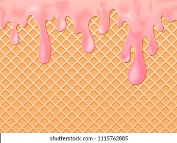 Strawberry milky yogurt splashes liquid melting ice cream on waffles vector background. 