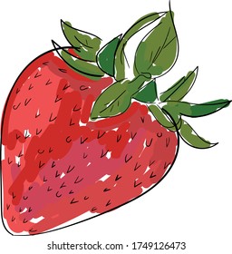 strawberry in minimalism hand-drawn with green leaves