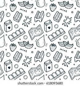  Strawberry and Mint Bubble Gum Seamless pattern. Hand Drawn Doodle Chewing Gums. Sweets. Black and White Vector illustration