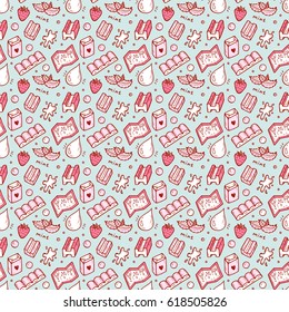 Strawberry and Mint Bubble Gum Seamless pattern. Hand Drawn Doodle Chewing Gums. Sweets. Black and White Vector illustration