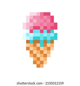 Strawberry and Mint ice cream cone pixel art. Vector illustration.