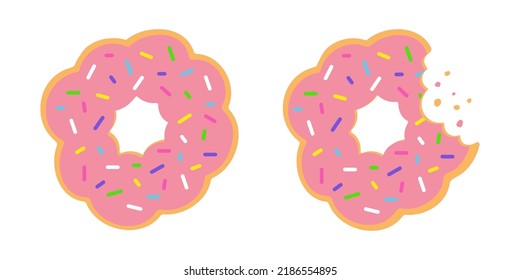 Strawberry mochi donuts with pink glaze and colorful sprinkles. Isolated vector illustration on white background.