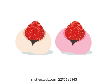 Fresa Mochi Ichigo Daifuku Wagashi. Postre japonés tradicional. Comida dulce asiática. Ilustración vectorial plana.