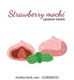 Strawberry mochi Japanese dessert on a white background. Asian food. Vector illustration on a white background for restaurants, menus, decor