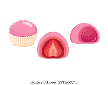 Strawberry mochi rice cake collection vector illustration. Sweet japanese rice cake pink icon set vector isolated on a white background. Strawberry fruit mochi cake drawing