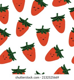 Strawberry Modern creative seamless pattern. Funny pink characters with happy faces. Vector cartoon illustration in simple hand drawn scandinavian style. Ideal for printing baby products.