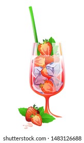 Strawberry Mojito cocktail with strawberry, ice and mint isolated on a white background. Modern vector illustration for fresh alcohol cocktail Mojito.