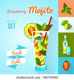 "Strawberry Mojito" Cocktail Set. Vector illustration, eps10.
