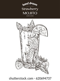 Strawberry mojito. Composition.  Vector sketch illustration of cocktails. Hand drawn.