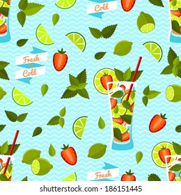 Strawberry Mojito Seamless Pattern. Vector illustration, eps10.