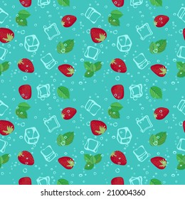 Strawberry mojito seamless vector pattern. Ice cubes, strawberry and mint illustration.