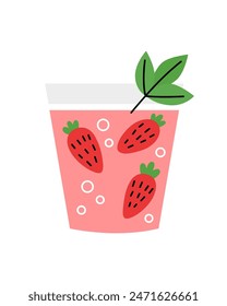 Strawberry mojito. A summer refreshing alcoholic drink. Vector cartoon flat illustration.