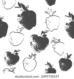 Erdbeere monochrome nahtlose Muster. Schwarz-weißes, elegantes Design mit Umrissen von Erdbeerfrüchten für Heimtextilien, Interieur, Bettwäsche, Baumwollgewebe, Packpapier. Vektor.