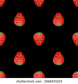 Strawberry monster GMO mutant pattern seamless. Angry Berry with teeth background. Hungry Alien Food vector texture