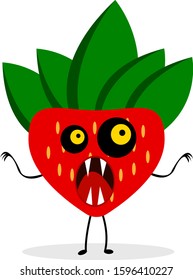 strawberry monster scary fruit with sharp fangs and bright orange eyes cartoon character on a white background