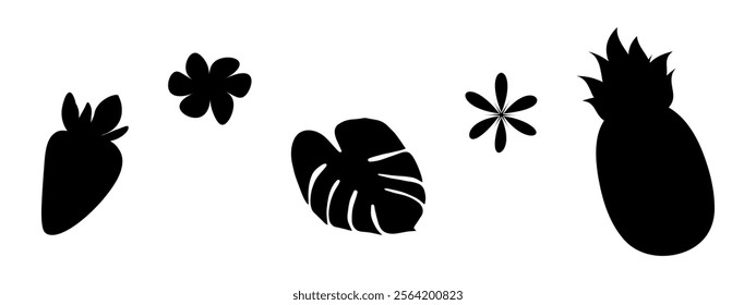 Strawberry, Monstera Leaf, pineapple and abstract flower Silhouettes Tropical fruits and plant Set 5