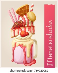 Strawberry Monstershake dessert. Cartoon style vector Freakshake icon. Berry milk cake sweet food illustration