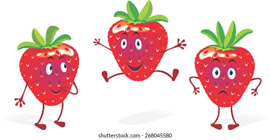 Strawberry Mood. Cartoons of strawberry in three different stages of humour. No gradient fills.